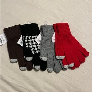 Set of Four Knit Gloves in Red, Gray, Black, and Brown